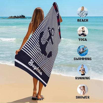 JML Personalized Beach Towel with Name, Custom Anchor Beach Towel, Customized Microfiber Pool Towel, Quick Dry & Absorbent Swim Towel for Adult,Anniversary, Birthday, Summer Holiday,Vacation