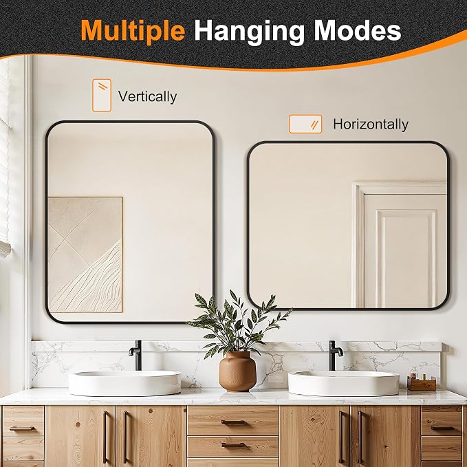 Bathroom Vanity Mirror, Black Framed Mirror for Over Sink, 36x30 | HD glass, distortion-free for makeup and grooming, Sturdy frame, all mounting hardware, hangs horizontal or vertical