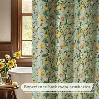 Green Floral Bird Shower Curtain 72x72, Hummingbird and Lemon Botanical Fabric Bath Curtains, Lightweight Quick-Dry Bathroom Decor Set with Hooks, Light Green