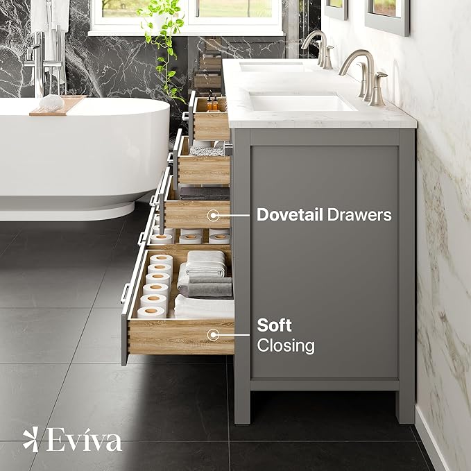 Eviva Aberdeen 84 in. Gray Double Sink Bath Vanity with Carrara Quartz Top and Undermount Porcelain Sinks