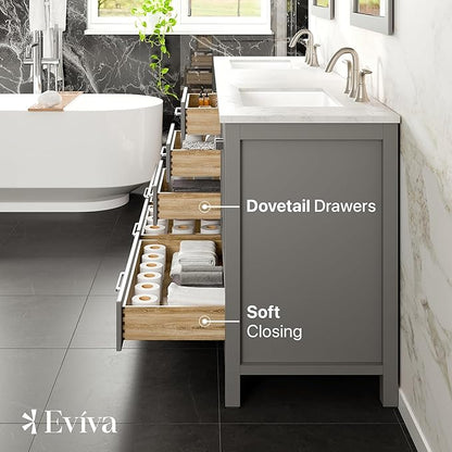 Eviva Aberdeen 84 in. Gray Double Sink Bath Vanity with Carrara Quartz Top and Undermount Porcelain Sinks