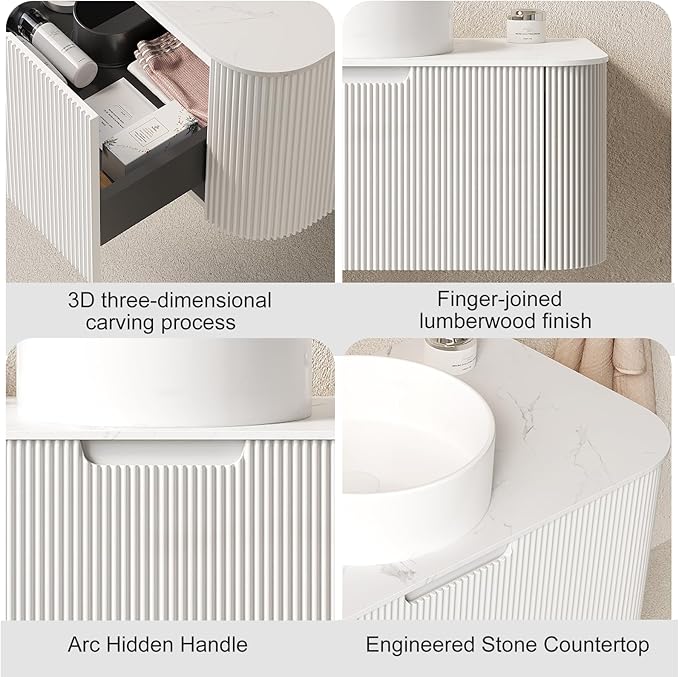 36 inch Bathroom Vanity with Sink, Floating Cabinet with Ultra-Thin Ceramic Basin and Marble Top, Large Storage Drawer, Soft-Close Design, White