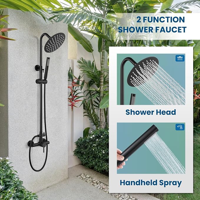 gotonovo 304 Stainless Steel Outdoor Shower Fixtures Exposed,Matte Black | 8 Inch Rain Showerhead with Handheld Sprayer Outdoor Outside Shower Kit System Faucet Head Valve Wall Mount for Pool Backyard