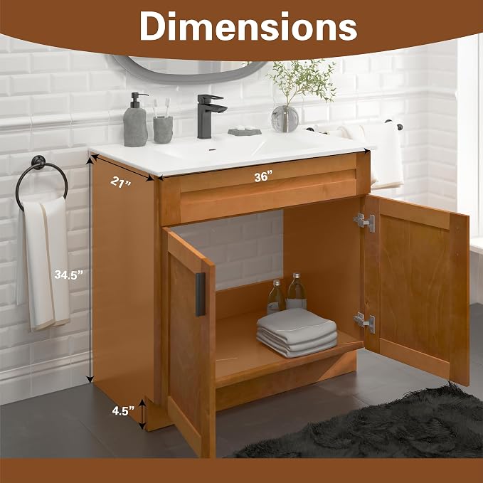 36” Maple Shaker Bathroom Vanity Base – Ready-to-Assemble Sink Cabinet, Freestanding Bathroom Vanity Base Only, No Top or Sink
