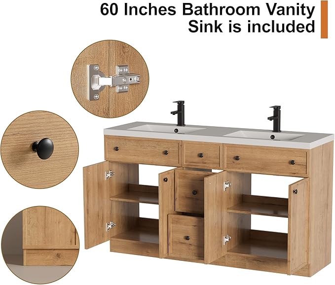 LUCKWIND 60" Bathroom Vanity Sink Combo, Modern Bathroom Cabinet with Double Undermount Solid Surface Vanity Sink, Soft-Close Hinges & Water-Saving Faucet, Natural