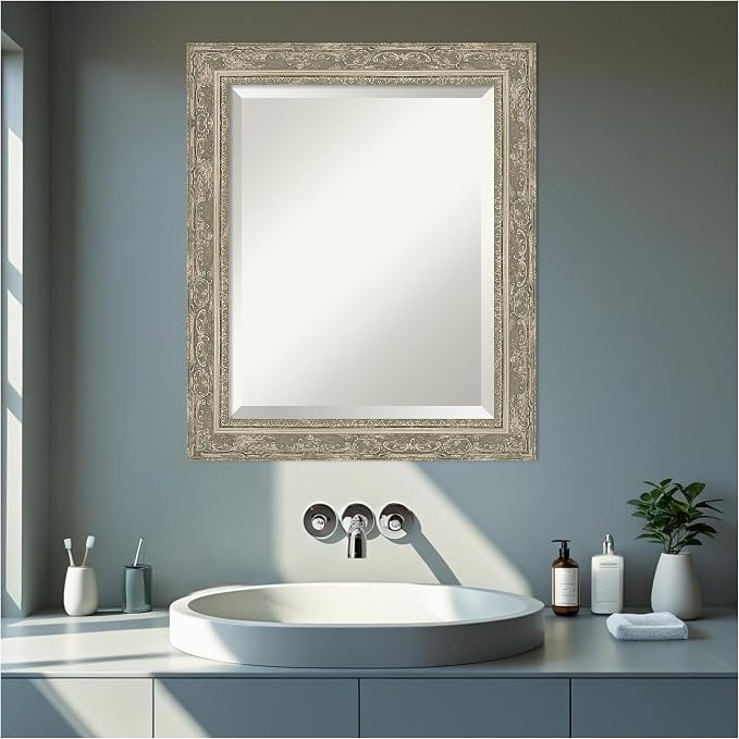 Amanti Art Silver Bathroom Mirror for Over Sink, 24x20 Filigree Silver Rectangle Vanity Mirror, Small Traditional Frame, Hangs Horizonally and Vertically, Bathroom Wall Decor, Beveled Edge