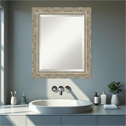 Amanti Art Silver Bathroom Mirror for Over Sink, 24x20 Filigree Silver Rectangle Vanity Mirror, Small Traditional Frame, Hangs Horizonally and Vertically, Bathroom Wall Decor, Beveled Edge