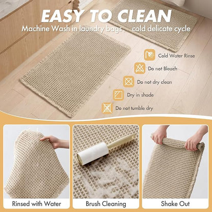 MIULEE Set of 2 Waffle Bathroom Rugs Boho Bath Mat Pale Beige 18x30 Inch | Non Slip, Super Absorbent, Washable, Ultra Soft, Rubber Backed Bath Rugs for Bathroom Floor Tub Shower