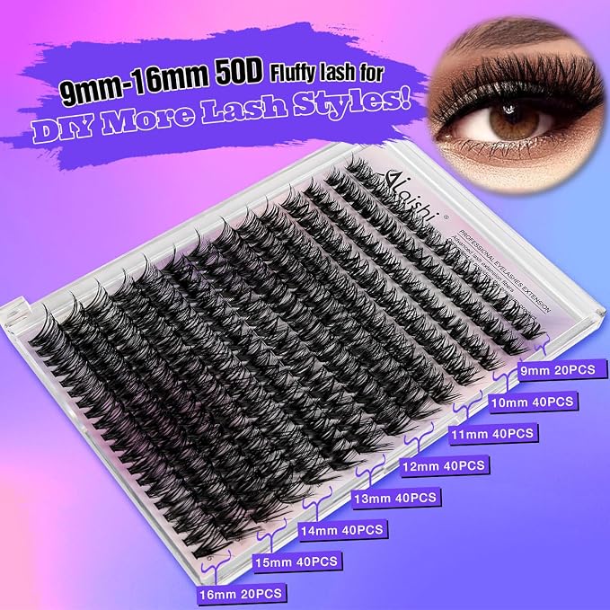 Lash Clusters DIY Cluster Eyelash Extensions 280pcs 9‑16mm 50D Fluffy D Curl Natural Volume Lashes–Waterproof Fake Cat Eye Individual Soft Lash Clusters（16MIX2-1-S）