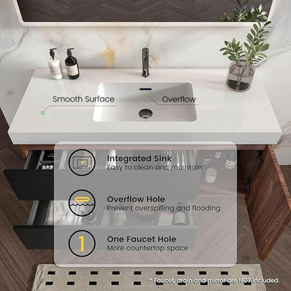 48 Inch Bathroom Vanity with Sink, Floating Bathroom Cabinet with 2 Soft-Closing Drawers & 1 Door, Large Storage for Apartment, Hotel, Walnut+Black, White Sink(Already Assembled)