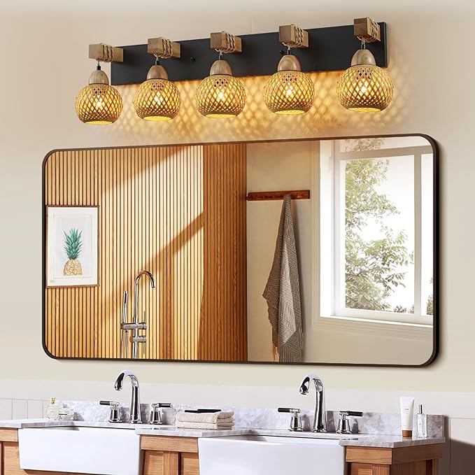 5-Light Boho Vanity Light, Farmhouse Bathroom Light Fixture, Rattan Bathroom Light Fixture Over Mirror Rustic Vanity Lighting with Handmade Bamboo Shades, Suit for Restroom, Bedroom, Hallway
