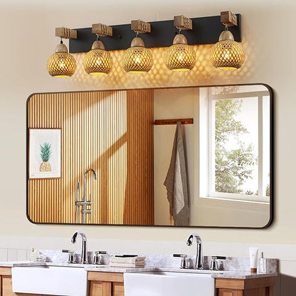 5-Light Boho Vanity Light, Farmhouse Bathroom Light Fixture, Rattan Bathroom Light Fixture Over Mirror Rustic Vanity Lighting with Handmade Bamboo Shades, Suit for Restroom, Bedroom, Hallway
