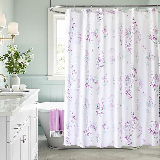 Lavender Purple and Green Wildflower Floral Shower Curtain,Whimsical Cottage Core Retro Boho Fairy Waterproof Fabric Shower Curtains for Girls Bathroom Set with Hooks 72x72