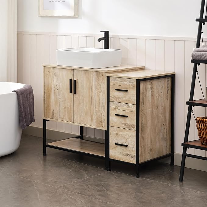 UEV 42" Rustic Oak Bathroom Vanity with Sink Combo,Industrial Iron Frame Bathroom Cabinet Sets with 3 Drawers Side Cabinet,Modern Artistic Ceramic Vessel Sink(031WH)