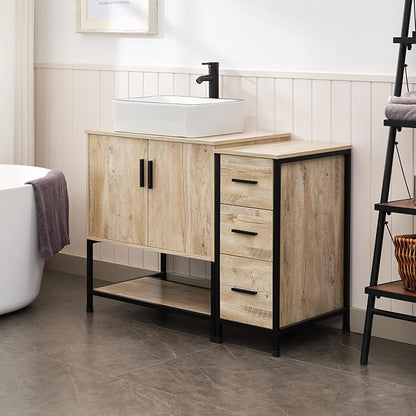 UEV 42" Rustic Oak Bathroom Vanity with Sink Combo,Industrial Iron Frame Bathroom Cabinet Sets with 3 Drawers Side Cabinet,Modern Artistic Ceramic Vessel Sink(031WH)