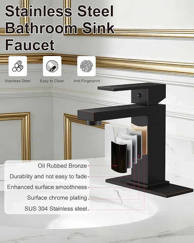 Midanya Bathroom Faucets 1 Hole, Single Handle Stainless Steel Bathroom Sink Faucet, Modern Vanity Faucets with Deck Plate,Water Supply Hoses and Pop Up Drain,Oil Rubbed Bronze