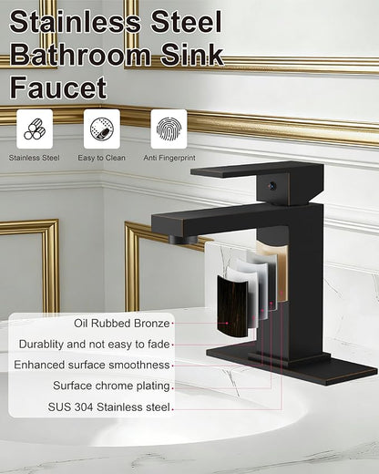 Midanya Bathroom Faucets 1 Hole, Single Handle Stainless Steel Bathroom Sink Faucet, Modern Vanity Faucets with Deck Plate,Water Supply Hoses and Pop Up Drain,Oil Rubbed Bronze