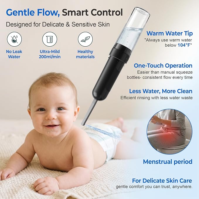 Electric Portable Bidet – Rechargeable Travel Bidet for Women Postpartum Care & Personal Hygiene | 3 Pressure Modes for Home Travel & Camping, Black