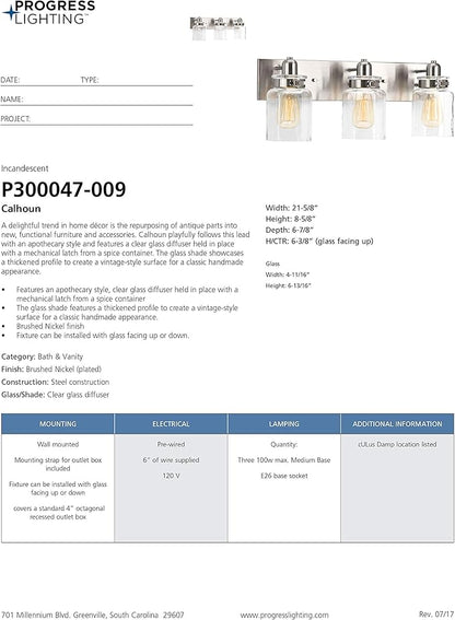 Progress Lighting P300047-009 Calhoun Collection Clear Glass Farmhouse Bath Vanity Light, 3-Light, Brushed Nickel