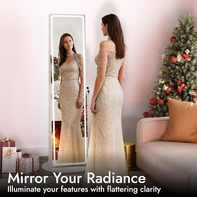 Zamildon's LED Mirror Jewelry Armoire, 360 Swivel Full Length Mirror Jewelry Cabinet, Freestanding Mirrored Jewelry Organizer with Interior LED Lights & Storage Shelves, White
