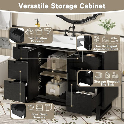 47.2" Bathroom Vanity with 6 Drawers & Resin Sink, Black | 47.2" bathroom vanity with 6 drawers, soft-close doors, SMC resin sink, adjustable shelf and modern design