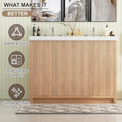 Bathroom Vanity with Double Sink 48 Inch, Modern Thickened Wood Bathroom Storage Cabinet, Freestanding Storage Bathroom Vanity with 4 Doors, Nature Wood