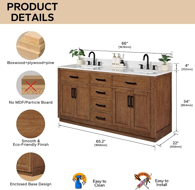 66-inch Dark Walnut Bathroom Vanity with 2 Sinks, Solid Wood, 0.79-inch Stone Countertop and Backsplash, 6 Drawers, 4 Soft Closing Doors