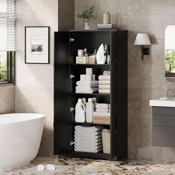 Garvee Tall Pantry Cabinet, 60" Kitchen Storage Cabinet with 2 Doors & Adjustable Shelves, Freestanding Wooden Cupboard for Bathroom，Dining Room, Living Room, Black | Kitchen Storage Cabinet with 2 Doors & Adjustable Shelves, Wooden Cupboard for Bathro...