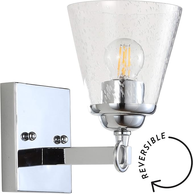JONATHAN Y 5" Chrome Marion 1-Light Vanity Light Wall Sconce for Bathroom Decor, Clear Seeded Glass Shade, Reversible Hardwired Lamp for Mirror Hallway, LED Bulb JYL7432A