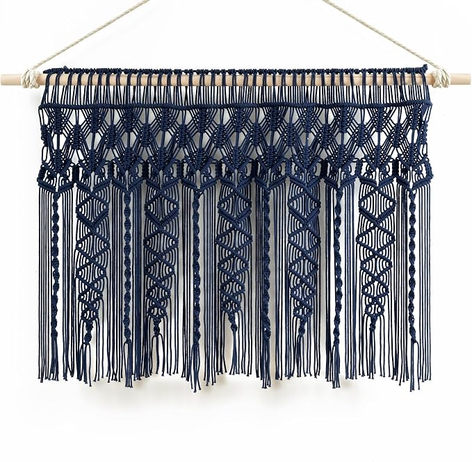 Lush Decor Boho Macrame Textured Cotton Valance, 40" W x 30" L, Navy - Boho Kitchen Curtains & Wall Decor - Macrame Valance - Bathroom Window Curtains