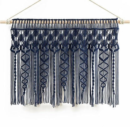 Lush Decor Boho Macrame Textured Cotton Valance, 40" W x 30" L, Navy - Boho Kitchen Curtains & Wall Decor - Macrame Valance - Bathroom Window Curtains