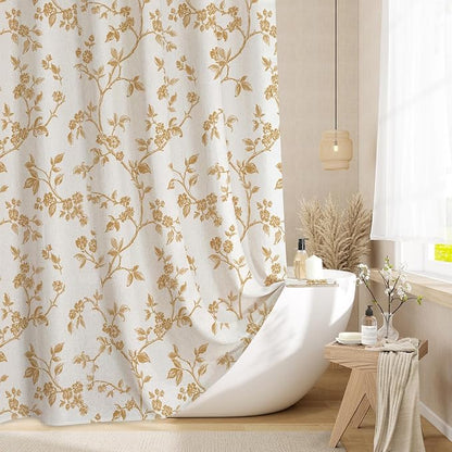 MitoVilla Yellow Linen Floral Shower Curtain for Bathroom, 72 x 72 | Yellow BoHo Cottagecore Spring Shower Curtains, Modern Farmhouse Country Plant Leaves Bathroom Décor, 72 x 72
