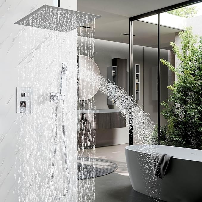 Shower Faucet Set Chrome Rain Shower System with High Pressure 10 Inches Rain Shower Head and Handheld Spray Bathroom Luxury Rain Mixer Shower Complete Combo Set Ceiling Mounted