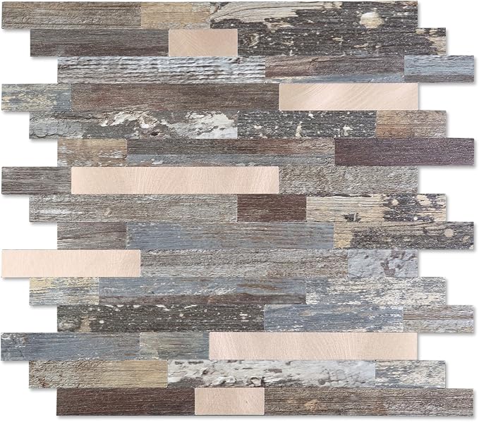 Yipscazo 20 Sheets Peel and Stick Wood Metal Tile Backsplash, Stick on Tiles for Backsplash Kitchen, Bathroom, Laundry Room, Camper, Fireplace (12'' X 12'', Mix Rustic with Gold)