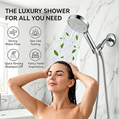 Handheld Shower Head with Hose, 6 Spray Settings, High Pressure, Chrome Finish, Rain, Pulse, Boost, Spray, Mix, Cleaning Modes (Chrome)