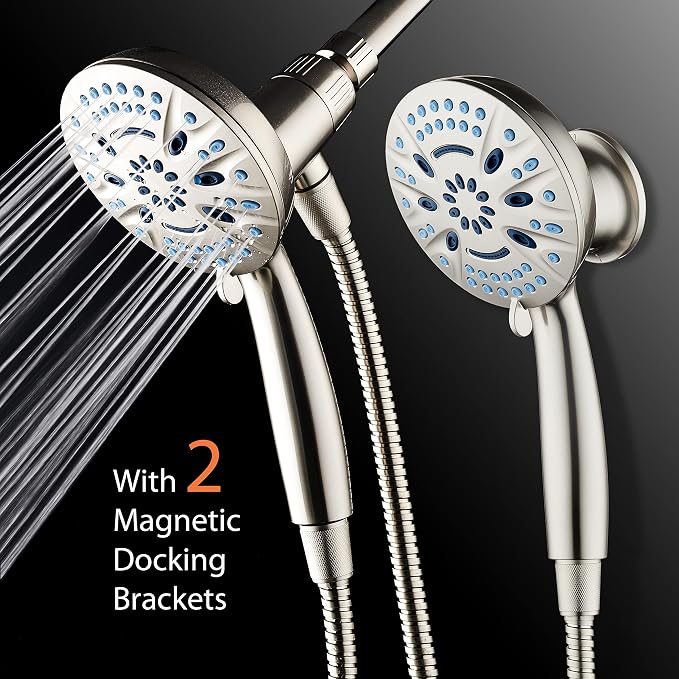 AquaCare Magneton 8-Mode High Pressure Handheld Shower Head with 2 Brackets | Space-age Magnetic Guidance Docking, Giant 5-inch Face with Hygienic Jets, Extra-long 6 ft. Stainless Steel Hose / Nickel
