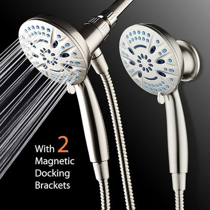 AquaCare Magneton 8-Mode High Pressure Handheld Shower Head with 2 Brackets | Space-age Magnetic Guidance Docking, Giant 5-inch Face with Hygienic Jets, Extra-long 6 ft. Stainless Steel Hose / Nickel