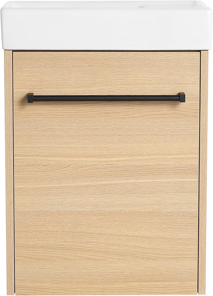 16" Bathroom Vanity with Sink, 16 Inch Floating Bathroom Vanity for Small Space, Single Sink Bathroom Vanity Combo, Modern Bathroom Vanity, Brown Wall Mounted Cabinet Set