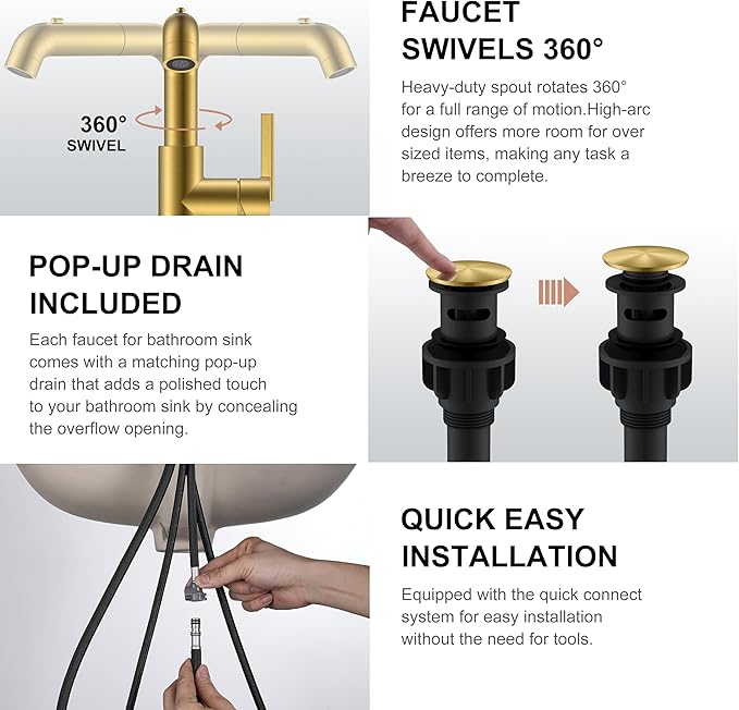 KENES Pull Down Bathroom Faucet with Sprayer, Brushed Gold Single Handle Bathroom Sink Faucet with Pull Out Sprayer, Vanity Bar Faucet with Pop Up Drain & Deck Plate, LJ-9055A-4