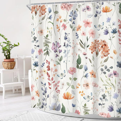 Colorful Boho Flower Girly Wildflower Floral Bathroom Shower Curtain Set | 60"W x 72"H Plants Botanical; waterproof HD print, quick-dry fabric and plastic hooks for easy setup.