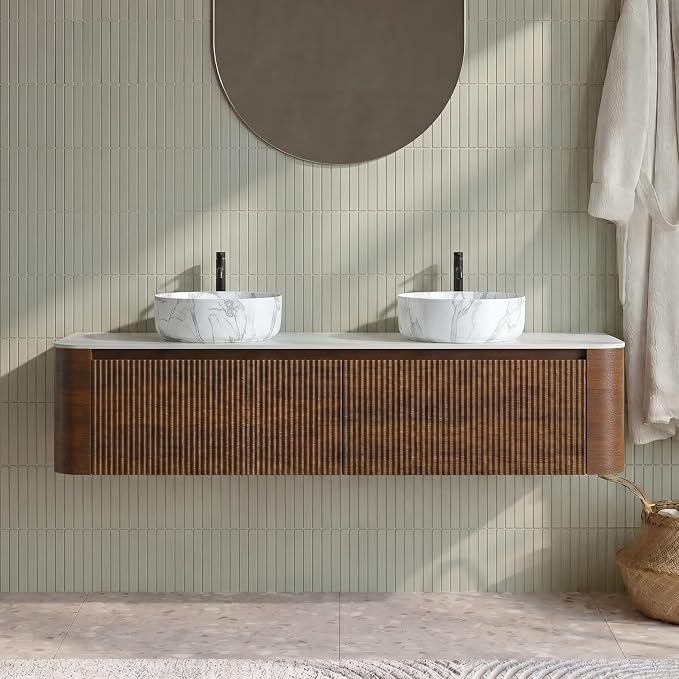 72" Preassembled Double Floating Bathroom Vanity with Carrara Sink, Walnut | Mid-Century Modern Style, Fluted & Soft-Close Drawer with U-shaped Wall, Sinterted Stone Countertop, Towel Rack Included