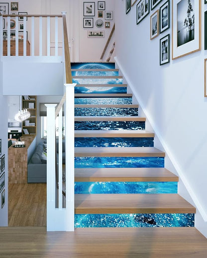 FLFK Stair Decals - Stair Stickers Decals Peel and Stick,Bright Moon on The Sea Stair Risers Decals Self-Adhesive for Home Decor, 39.3" W x 7" H x 13Pcs