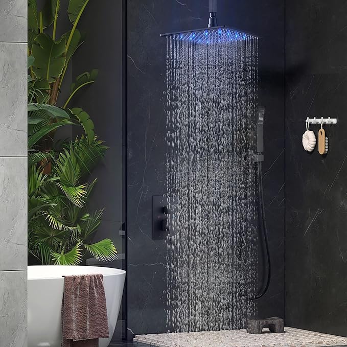 Aolemi Ceiling Shower Faucet Set with Handheld 12" LED Head Matte Black | Handheld Spray,12 Inch Rain LED Head,Shower Valve and Trim Kit,All Metal,Ceiling System,Bathroom Mixer