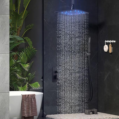 Aolemi Ceiling Shower Faucet Set with Handheld 12" LED Head Matte Black | Handheld Spray,12 Inch Rain LED Head,Shower Valve and Trim Kit,All Metal,Ceiling System,Bathroom Mixer