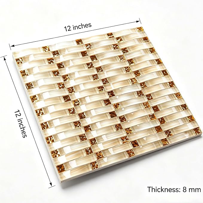 Glass Mosaic Tile Beige Gold for Kitchen Backsplash Bath Wall Decor 5 Sq Ft | Glossy Surface Shine, 3D Arched Interlocking, Indoor Walls, Bathroom Shower, Fireplace Surrounds and Modern Interiors Spaces
