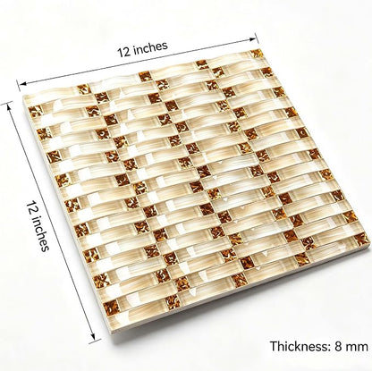 Glass Mosaic Tile Beige Gold for Kitchen Backsplash Bath Wall Decor 5 Sq Ft | Glossy Surface Shine, 3D Arched Interlocking, Indoor Walls, Bathroom Shower, Fireplace Surrounds and Modern Interiors Spaces