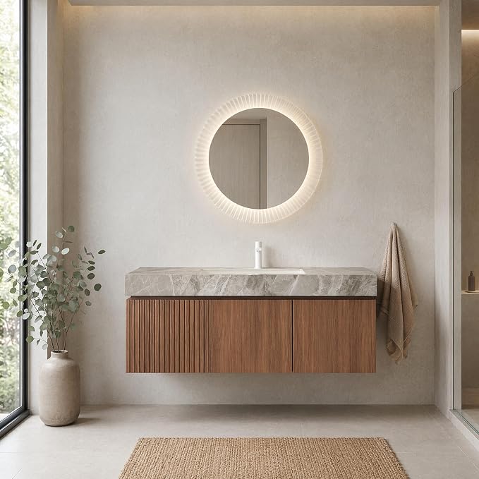 48 Inch Floating Bathroom Vanity with Sink, Modern Wall Mounted Bathroom Storage Vanity Cabinet with Sintered Stone Countertop, Brown Oak