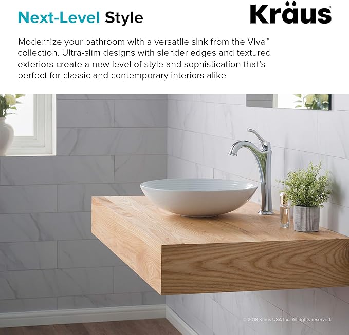KRAUS Viva™ Round White Porcelain Ceramic Vessel Bathroom Sink with Pop-Up Drain, 16 1/2 in. D x 4 3/8 in. H, KCV-203GWH