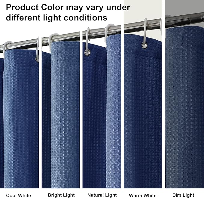 OVZME Long Fabric Shower Curtain Set, Waffle Textured Shower Curtain for Bathroom - Weight 230GSM Heavy Duty Hotel Spa Luxury Bath Curtain Set with 12 Plastic Hooks, 72x78, Blue