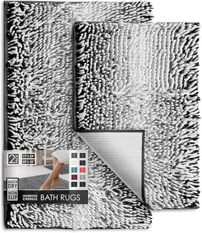 Hearth & Harbor Bathroom Rugs, Chenille Bath Mat - Machine Washable Bath Mats for Bathroom Non-Slip Backing Rubber, Quick Dry Bathroom Mat, 17 x 24 + 20 x 32 - Ombre Black